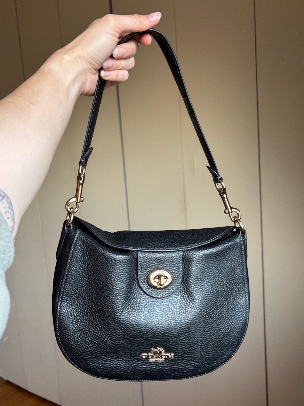 Coach Black Pebbled Leather Turnlock Shoulder Bag with Gold Hardware